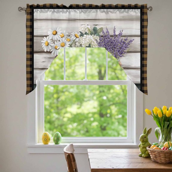 Spring Florals Swag Valances for Kitchen Window, Daisy Lavender Bouquet Retro Wood Brown Plaid Small Swag Valances Rod Pocket Curtain Drapes Window Treatment for Bedroom Bathroom, 56x36 Inch