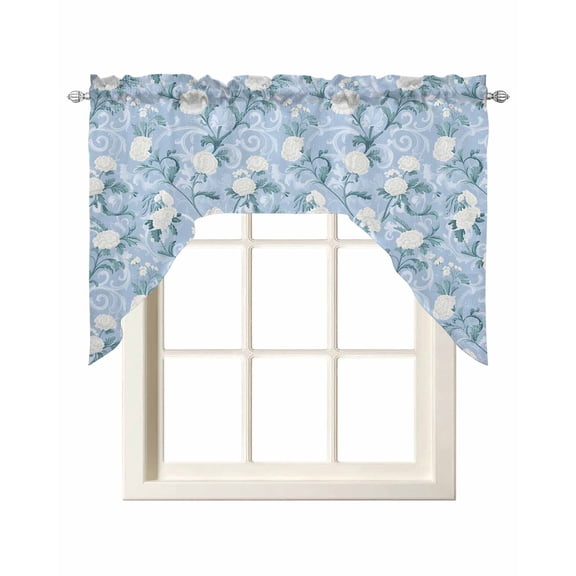 Spring Florals Swag Valances for Windows 56 x 36 Retro White Floral Blue Retro Texture Rod Pocket Light Filtering Window Topper for Kitchen Bathroom Bedroom Living Room