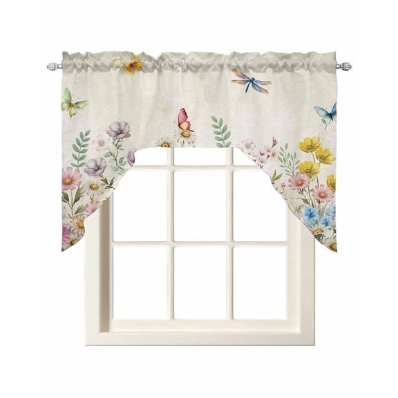 Spring Florals Swag Valances for Windows 56 x 36 Watercolor Colorful Floral Leaf Butterfly Dragonfly Beige Rod Pocket Light Filtering Window Topper for Kitchen Bathroom Bedroom Living Room