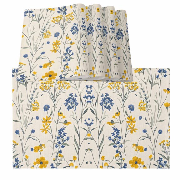Spring Florals Watercolor Wildflowers Botanical Herbs Burlap Kitchen Place Mats Waterproof Cloth Table Mats, Indoor Outdoor Placemats Easy Clean Dinner Decor