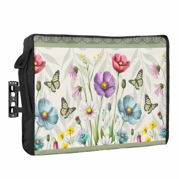 Spring Florals Waterproof Outdoor TV Cover, Daisy Wildflowers Butterfly Leaf Green Border Outside Weatherproof TV Enclosures for 30 to 32 Inch LCD Television Shield Flat Screen Protectors