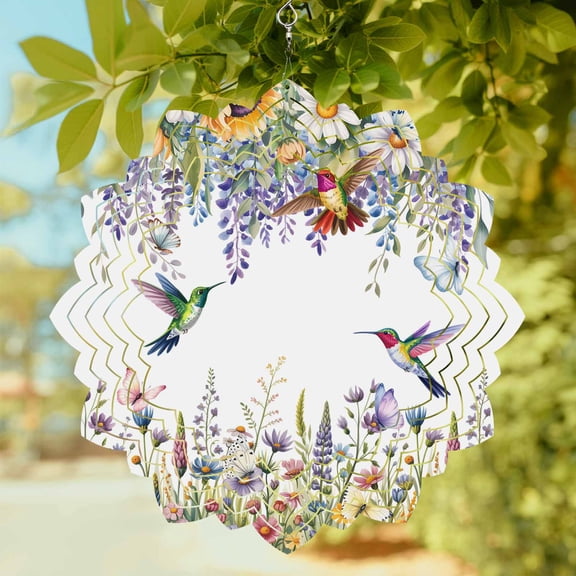 Spring Florals Wind Spinner for Garden Yard 8In, Vintage Watercolor Purple Yellow Pink Floral Leaf Birds 3D Stainless Steel Kinetic Hanging Wind Spinners Rustproof Outdoor Decor for Lawn Patio Home