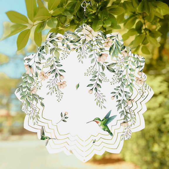 Spring Florals Wind Spinner for Garden Yard 8In, Watercolor Beige Floral Falling Green Leaf Birds 3D Stainless Steel Kinetic Hanging Wind Spinners Rustproof Outdoor Decor for Lawn Patio Home