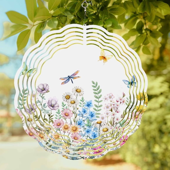 Spring Florals Wind Spinner for Garden Yard 8In, Watercolor Pink Blue White Floral Leaf Butterfly Dragonfly 3D Stainless Steel Kinetic Hanging Wind Spinners Rustproof Outdoor Decor for Patio Home