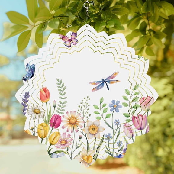 Spring Florals Wind Spinner for Garden Yard 8In, Watercolor Yellow Pink White Floral Leaf Butterfly Dragonfly 3D Stainless Steel Kinetic Hanging Wind Spinners Rustproof Outdoor Decor for Patio Home