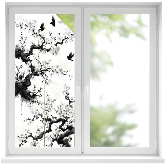 Spring Florals Window Privacy Film, Black Bird Peaches Flower Water Ink Painting Frosted Glass Window Clings Static Cling UV Heat Blocking Reusable Door Sticker for Bathroom 17.7 x 39.3 Inch