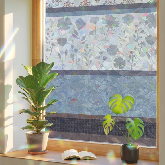 Spring Florals Window Privacy Film, Blue Brown Floral Country Farm Style Stripes Stained Glass Rainbow Film Decorative Window Clings, Static Cling Sun Blocking Stickers 23.6" x 59"