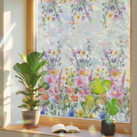 Spring Florals Window Privacy Film, Country Colorful Wildflowers Field Retro Linen Stained Glass Rainbow Film Decorative Window Clings, Static Cling Sun Blocking Stickers 19.6" x 39.3"