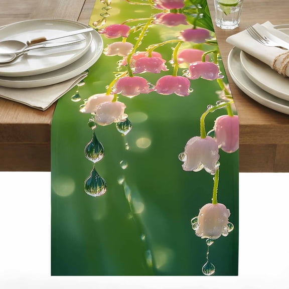 Spring Floreal Cotton Linen Table Runner Pink Lily of The Valley Green Leaf Botanical Farmhouse Dining Table Runners for Home Decor Party Dining Room Restaurant Kitchen 13" x 48"