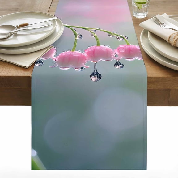 Spring Floreal Cotton Linen Table Runner Pink Lily of The Valley Raindrops Botanical Farm Dining Table Runners for Home Decor Party Dining Room Restaurant Kitchen 13" x 36"