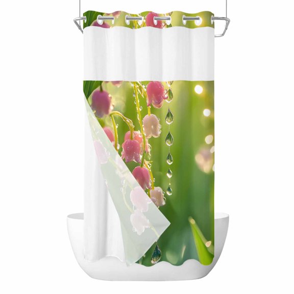 Spring Floreal No Hooks Shower Curtain with Snap-in Liner Pink Lily of The Valley Green Leaf Botanical Farmhouse Shower Curtains for Bathroom, Waterproof, Easy Install, Washable 36"x78"