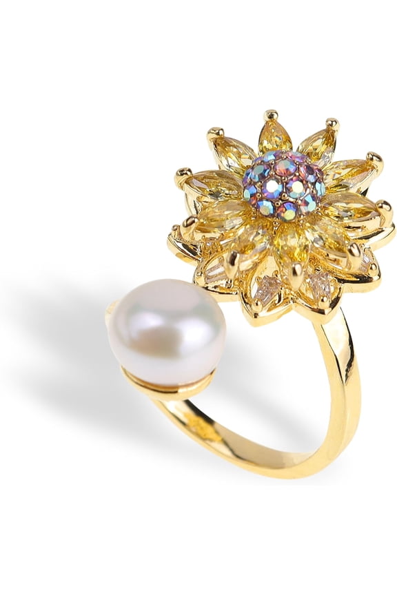 Spring Flower Adjustable Open Gold Ring for Women - Trendy Elegant Unique Cubic Zirconia Enamel Front Open Floral Leaf Easter Jewelry Gift