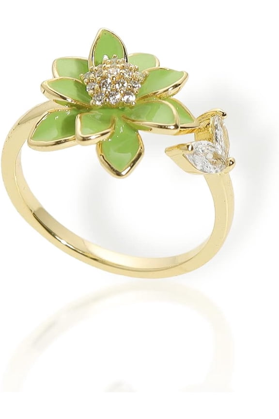Spring Flower Adjustable Open Gold Ring for Women - Trendy Elegant Unique Cubic Zirconia Enamel Front Open Floral Leaf Easter Jewelry Gift
