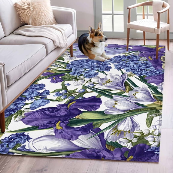 Spring Flower Area Rugs 4x6 ft Retro Blue Hydrangea Purple White Floral Green Leaf Washable Rug Non Slip Indoor Carpet Absorbent Floor Mat for Living Room Bedroom Dining Room