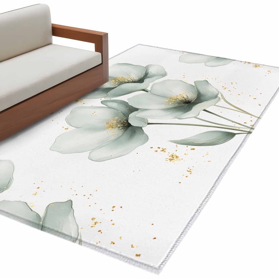 Spring Flower Area&nbsp;Rug 3x5ft Rustic Watercolor White Floral Plant Non-Slip&nbsp;Washable Square&nbsp;Rugs Soft Felt Indoor Floor Mat for Bedroom Kitchen Living Room Bathroom