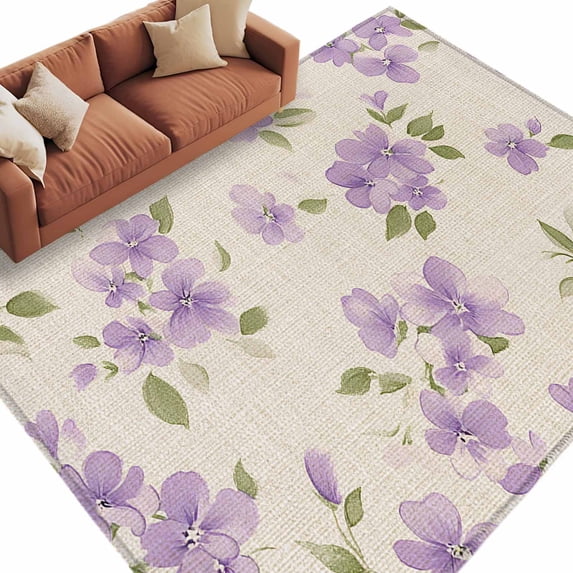 Spring Flower Area Rug 5x7ft Purple Floral Green Leaf Non-Slip Washable Square Rugs Soft Felt Indoor Floor Mat for Bedroom Kitchen Living Room Bathroom