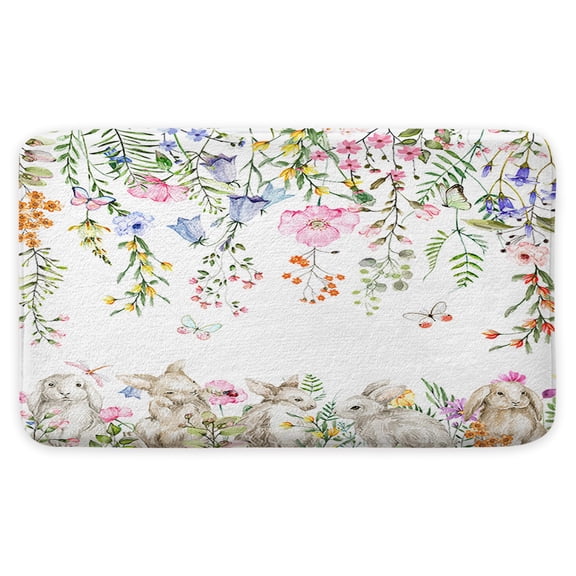 Spring Flower Bath Mat for Bathroom, Easter Bunny Non-Slip Bathroom Rug, Botanical Floral Plant Bathroom Accessories 17X29inches