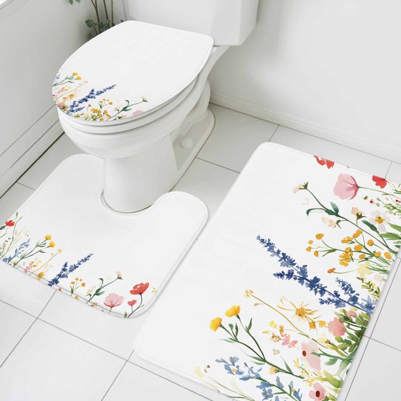 Spring Flower Bathroom Rugs Set Floral Watercolor Hand-painted Modernism Non Slip Absorbent Soft Bath Mats 3 Piece Set with Bathroom Rug, U-Shaped Floor Mat, Toilet Seat Cover Small Size