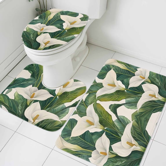 Spring Flower Bathroom Rugs Set Rustic Watercolor White Calla Lily Floral Green Leaf Linen Texture Non Slip Absorbent Bath Mats 3 Piece Set, U-Shaped Floor Mat, Toilet Seat Cover Large Size