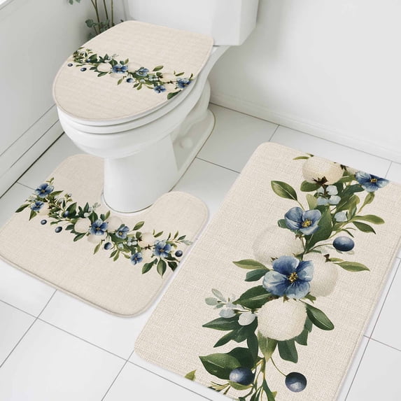 Spring Flower Bathroom Rugs Set Vintage Blue Floral Watercolor Plant Linen Texture Non Slip Absorbent Soft Bath Mats 3 Piece Set with Bathroom Rug, U-Shaped Floor Mat, Toilet Seat Cover Small Size