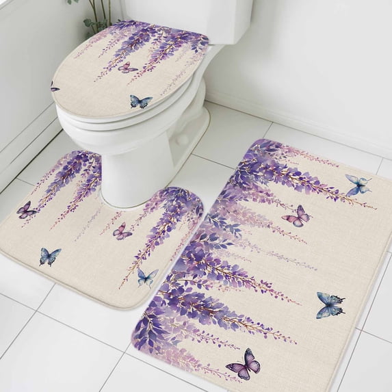 Spring Flower Bathroom Rugs Set Vintage Watercolor Purple Wisteria Floral Butterfly Linen Texture Non Slip Absorbent Bath Mats 3 Piece Set, U-Shaped Floor Mat, Toilet Seat Cover Large Size
