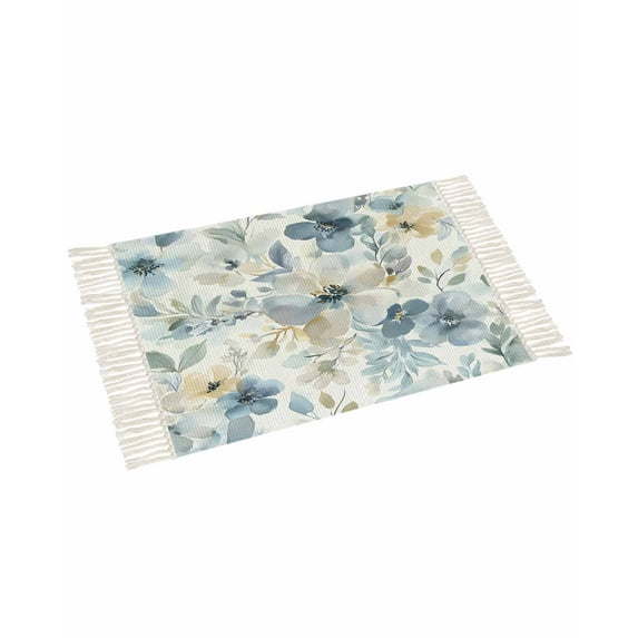 Spring Flower Bathroom Runner Rug 3'x5'Washable Woven Area Rug, Watercolor Blue Yellow Petal Wildflowers Leaf Tassel Kitchen Rug,Throw Floor Mat Carpet Decorative for Living Room Bedroom