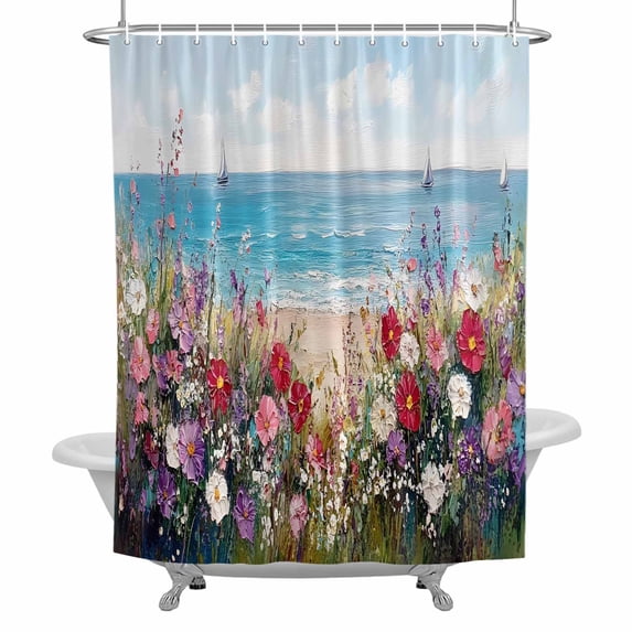 Spring Flower Bathroom Shower Curtain, Oil Painting Colorful Floral Boat Ocean Vintage Waterproof Washable Soft Bath Curtain for Bathtub Decor with 12 Hooks&Grommet, 60x72 Inch