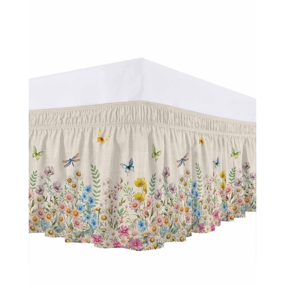 Spring Flower Bed Skirt California King Size 16 Inch Drop, Colorful Floral Leaf Butterfly Dragonfly Linen Texture Adjustable Elastic Dust Ruffles Bedskirt Wrap Around Pleated Mattress Frame Cover