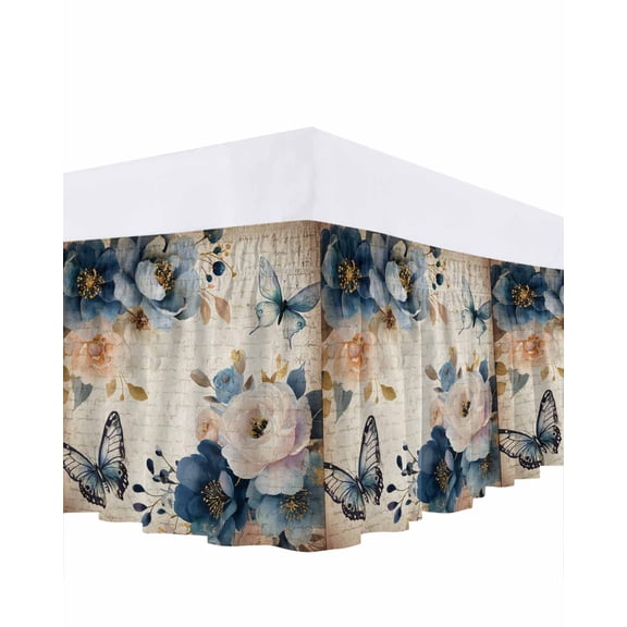 Spring Flower Bed Skirt California King Size 16 Inch Drop, Country Watercolor White Blue Floral Butterfly Paper Adjustable Elastic Dust Ruffles Bedskirt Wrap Around Pleated Mattress Frame Cover