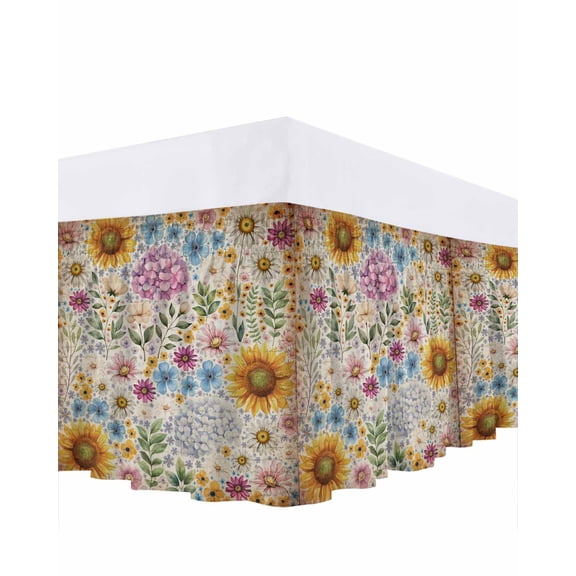 Spring Flower Bed Skirt California King Size 16 Inch Drop, Watercolor Country Colorful Floral Leaf Plant Paper Adjustable Elastic Dust Ruffles Bedskirt Wrap Around Pleated Mattress Frame Cover