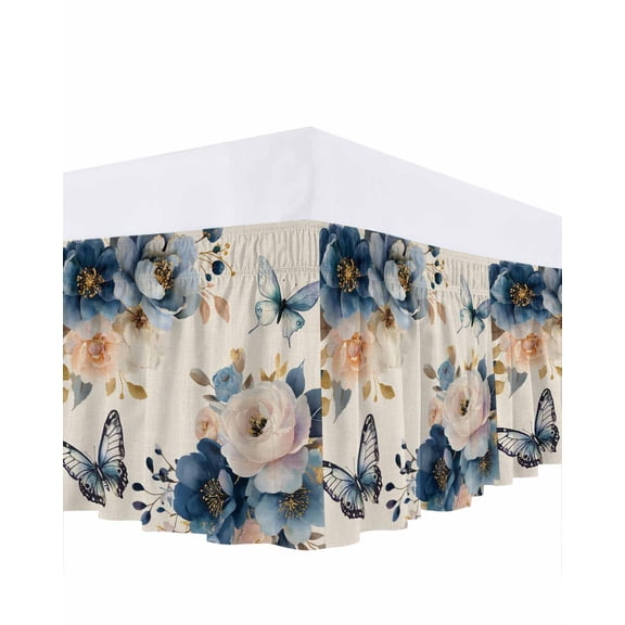 Spring Flower Bed Skirt King Size 16 Inch Drop, Country White Blue Floral Butterfly Linen Texture Adjustable Elastic Dust Ruffles Bedskirt for King Bed Wrap Around Pleated Mattress Frame Cover