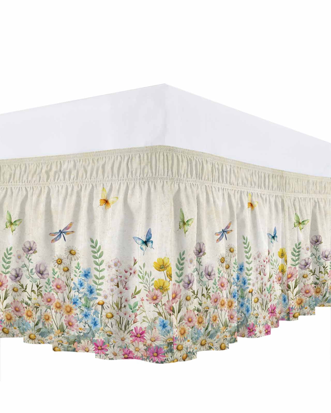 Spring Flower Bed Skirt Queen Size 16 Inch Drop, Colorful Floral Leaf ...