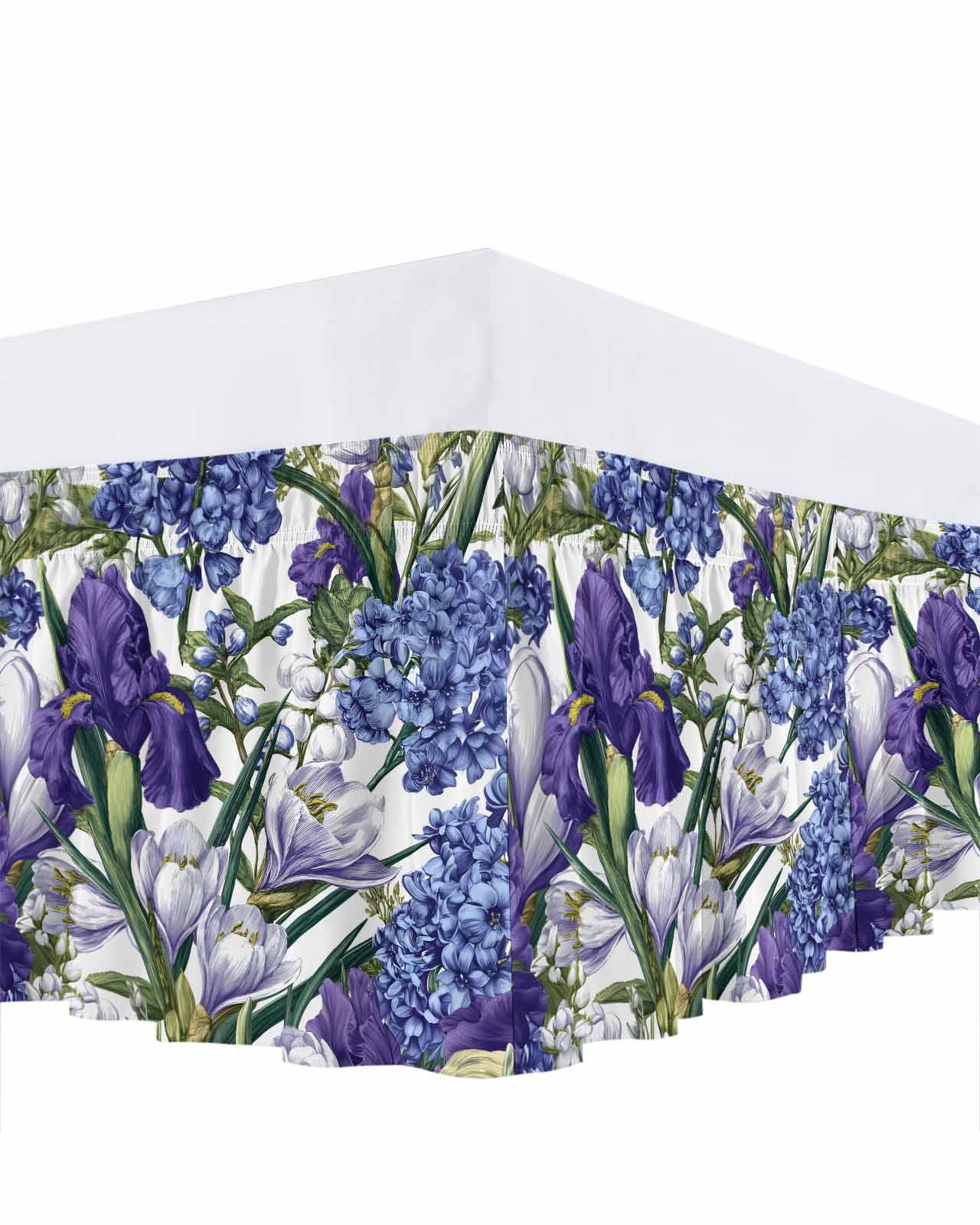 Spring Flower Bed Skirt Queen Size 16 Inch Drop, Retro Blue Hydrangea Purple White Floral Green Leaf Adjustable Elastic Dust Ruffles Bedskirt for Queen Bed Wrap Around Pleated Mattress Frame Cover