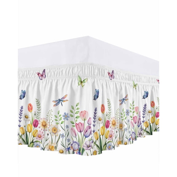 Spring Flower Bed Skirt Queen Size 16 Inch Drop, Yellow Pink White Floral Leaf Butterfly Dragonfly Adjustable Elastic Dust Ruffles Bedskirt for Queen Bed Wrap Around Pleated Mattress Frame Cover