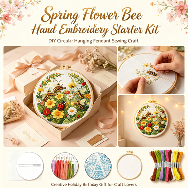 Spring Flower Bee Hand Embroidery Starter Kit, DIY Circular Hanging Pendant Sewing Craft, Creative Holiday Birthday Gift for Craft Lovers