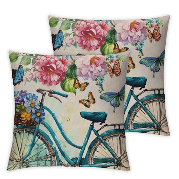 Spring Flower Bicycle Pillow Covers Botanical Floral Plant Leaf Butterfly Throw Pillow Covers Spring Cushion Case Farmhouse Decorative Pillows for Couch Sofa Home