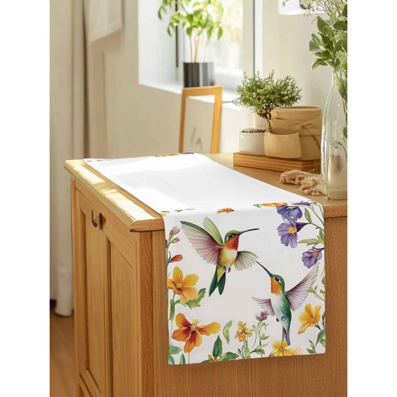 Spring Flower Bird Hummingbird Table Runner 13x90in Non-Slip Cotton Linen Table Runners, Watercolor Floral on White Dresser Scarves TableRunner for Dinner Kitchen Dining Wedding Party