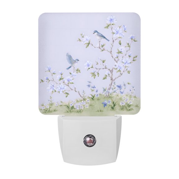 Spring Flower Bird Night Lights, Rustic Country Blue Floral Branches Songbird Smart Auto Dusk to Dawn Sensor Nightlights Plug-in Nightlight for Bedroom Bathroom Living Room Kitchen Hallway
