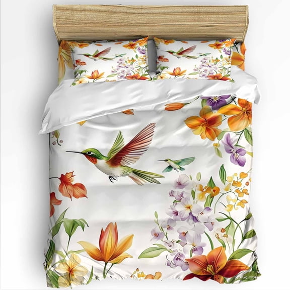Spring Flower Bird Queen Size Comforter Set, Hummingbird Floral Countryside Retro Soft Bedding for All Seasons, 4 Pcs Bed Set with 1Comforter (90"x92") ,1 Sheet(94"x116"), 2 Pillowcases (19"x29")