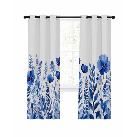 Spring Flower Blackout Curtains 63 Inch Length Watercolor Rustic Blue Floral Leaf Plant Vintage Thermal Insulated Window Curtain Window Drapes 2 Panels for Bedroom Living Room 42"Wx63"L