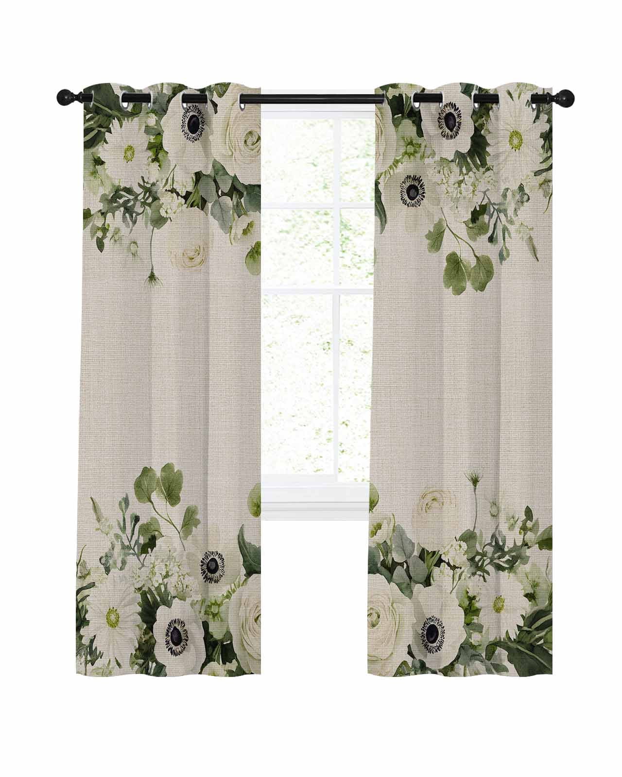 Spring Flower Blackout Curtains 63 Inch Length Watercolors White Wildflowers Green Leaves Linen Texture Thermal Insulated Window Curtain Window Drapes 2 Panels for Bedroom Living Room 52"Wx63"L