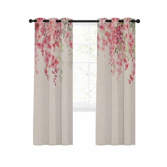Spring Flower Blackout Curtains 96 Inch Length Vintage Pink Floral Plant Vine Watercolor Linen Texture Thermal Insulated Window Curtain Window Drapes 2 Panels for Bedroom Living Room 52"Wx96"L