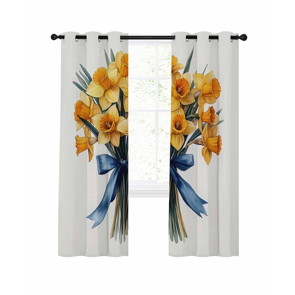 Spring Flower Blackout Curtains 96 Inch Length Watercolor Yellow Floral Green Leaf Plant Blue Bow Tie Thermal Insulated Window Curtain Window Drapes 2 Panels for Bedroom Living Room 52"Wx96"L