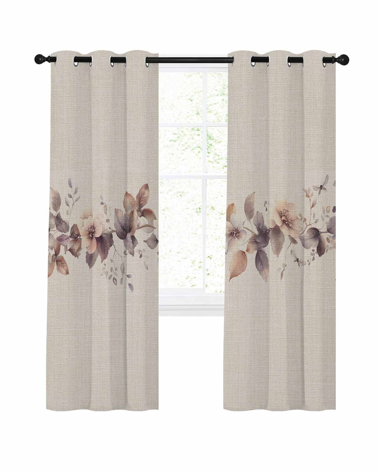 Spring Flower Blackout Curtains for Bedroom Living Room, Retro Brown Flower Watercolor Plant Linen Texture 72 In Long Thermal Insulated Room Darkening Drapes Grommet Window Treatments, 52 x 72 In