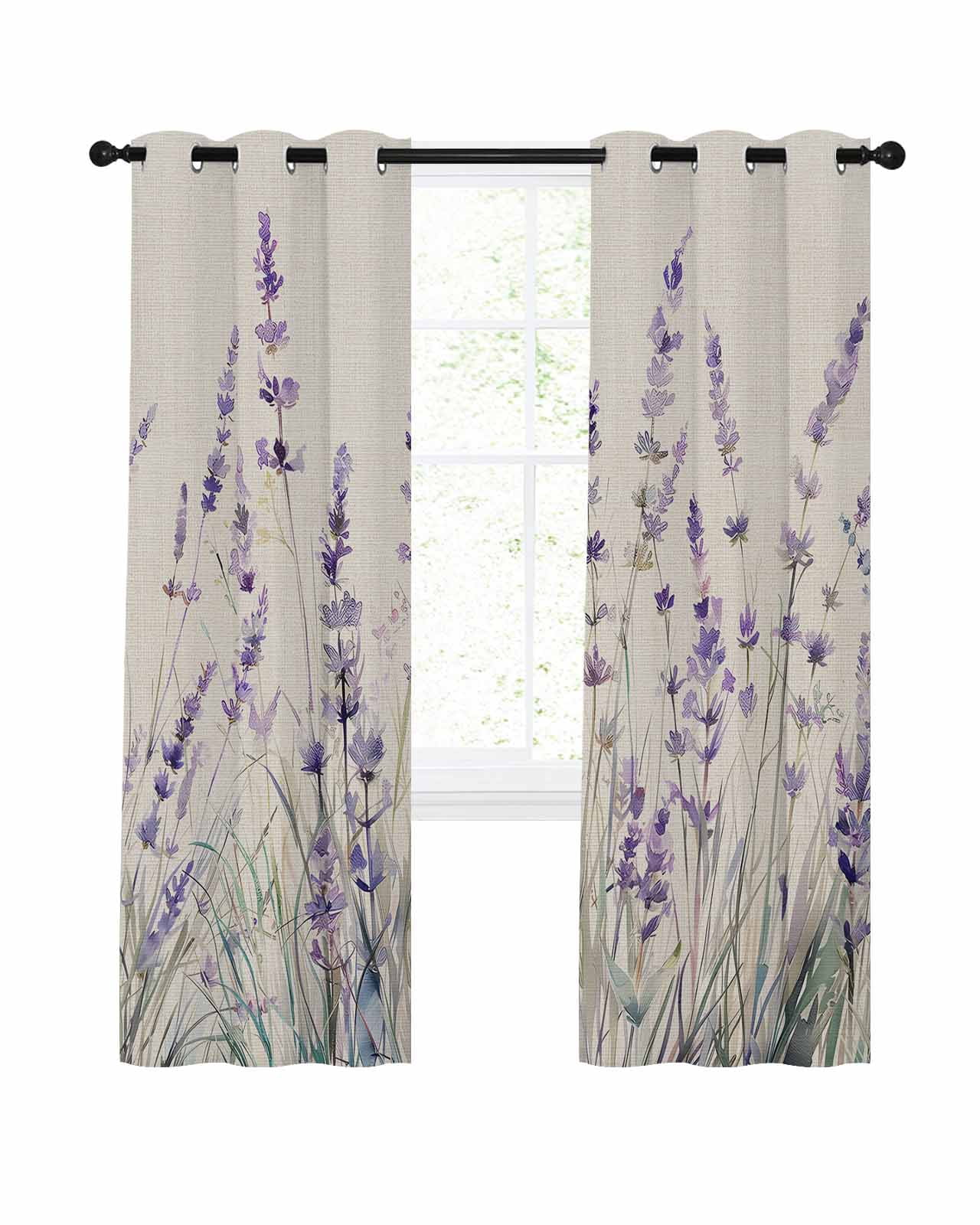 Spring Flower Blackout Curtains for Bedroom Living Room, Vintage Purple Lavender Linen Texture 84 In Long Thermal Insulated Room Darkening Drapes Grommet Window Treatments, 42 x 84 In