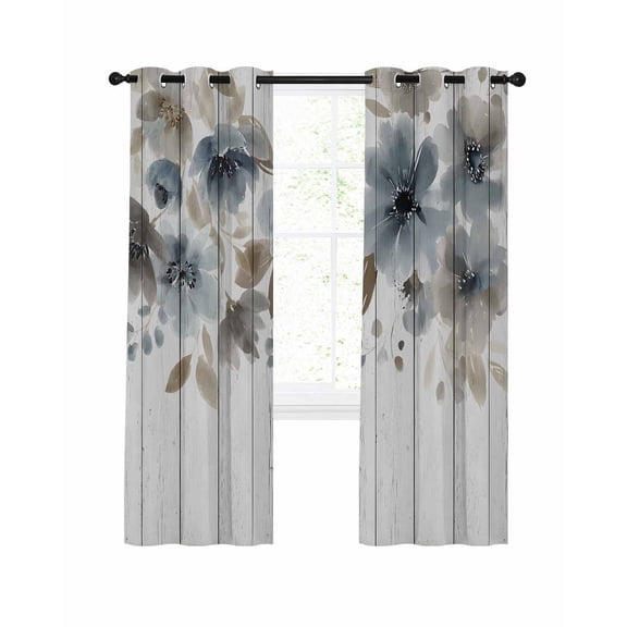 Spring Flower Blackout Curtains for Bedroom Living Room, Watercolor Blue Grey Floral Brown Leaf White Wood Grain 54 In Long Thermal Insulated Room Darkening Drapes Grommet Window Treatments, 52x54 In