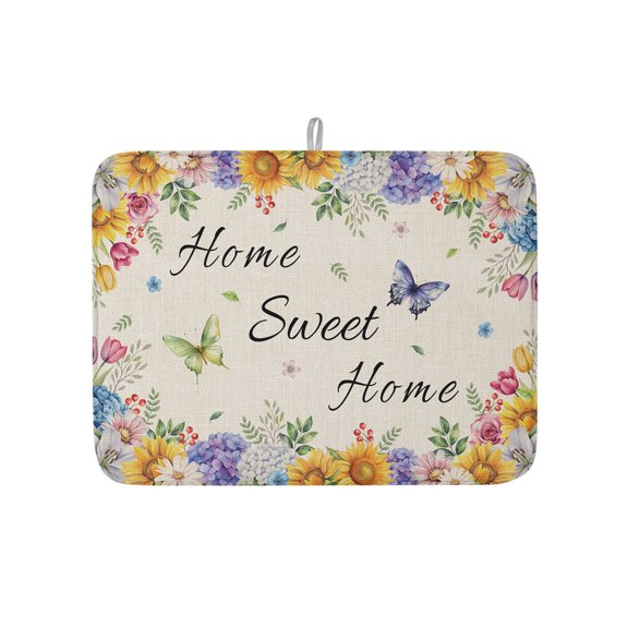 Spring Flower Butterflies Retro Linen Dish Drying Mats for Kitchen Counter,Absorbent Microfiber Dish Drainer Rack Mat Sweet Home Quote Drying Pad for Sinks,Utensils,Countertops,18x24in