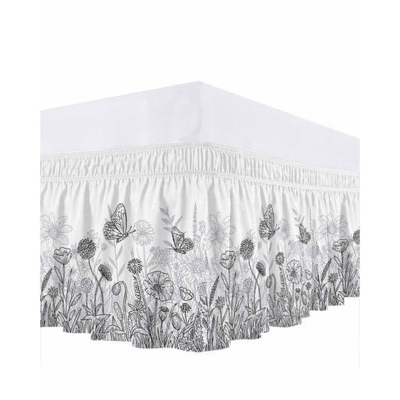 Spring Flower Butterfly Bed Skirt California King Size 18 Inch Drop, Plant Floral Lines Countryside Adjustable Elastic Dust Ruffles Bedskirt Wrap Around Pleated Mattress Frame Cover
