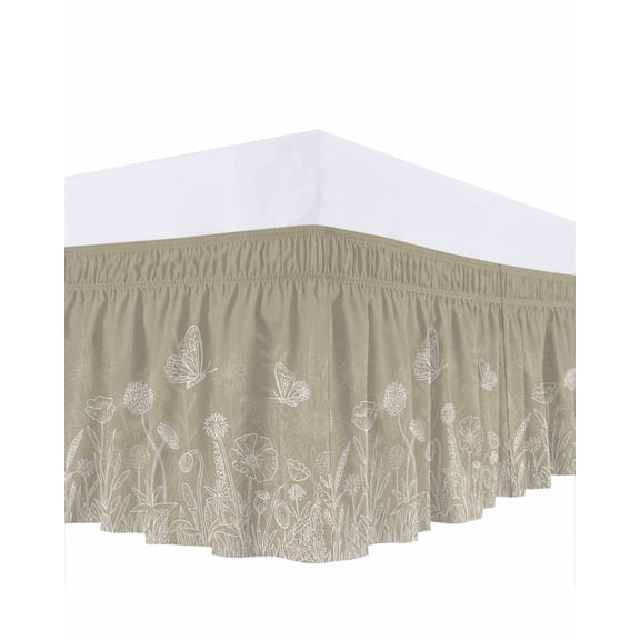 Spring Flower Butterfly Bed Skirt King Size 18 Inch Drop, Plant Floral Lines Countryside Brown Adjustable Elastic Dust Ruffles Bedskirt for King Bed Wrap Around Pleated Mattress Frame Cover