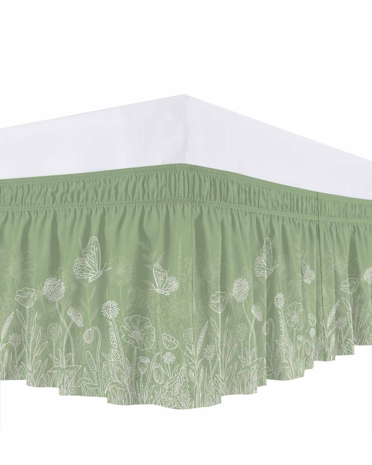 Spring Flower Butterfly Bed Skirt Queen Size 16 Inch Drop, Plant Floral Lines Countryside Green Adjustable Elastic Dust Ruffles Bedskirt for Queen Bed Wrap Around Pleated Mattress Frame Cover